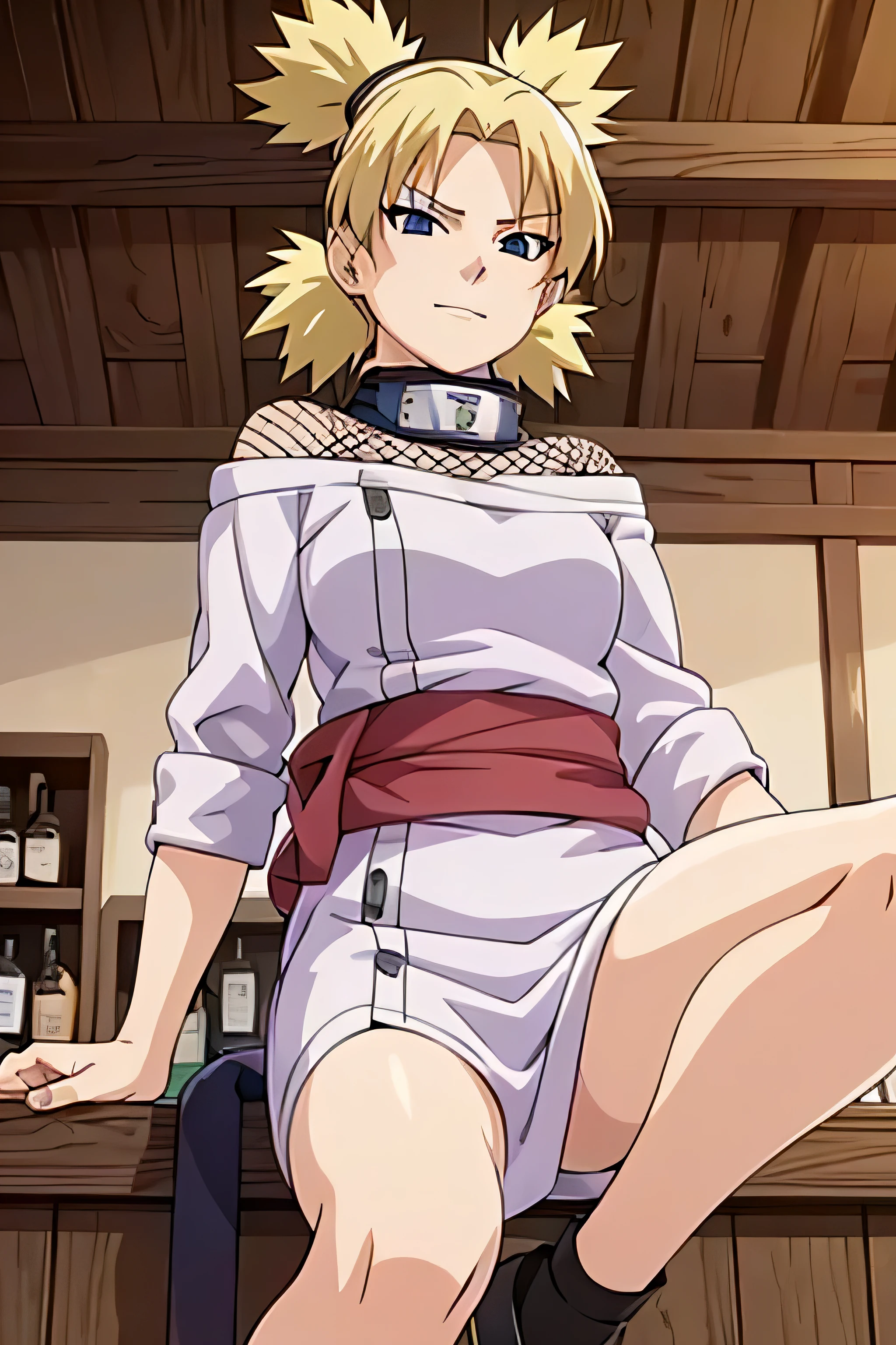 1 girl, ytemari, blonde hair, quad tails, blue eyes, fishnet, Purple clothes, sash, line art, laugh, front view, In a bar in Japan, bright colors, Masterpiece, best quality, high definition, sit, Spread your legs,