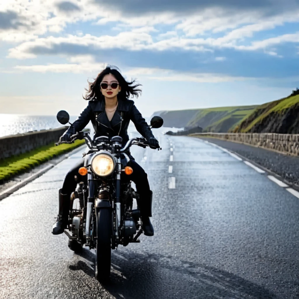 (Backlight:1.4)、(The motorcycle and rider are silhouetted in the setting sun.:1.4)、(The sun sets:1.2)、(Ride a classic motorcycle:1.2 )、(Vintage Bikes、Bluff Superior SS100)、Beautiful young Japanese woman、Beautiful Face, Black Hair, Short Bob Hair, Red classic leather jacket、sunglasses、(Accurate motorcycle shape)、(Photograph the entire motorcycle:1.2)、 BREAK Coastal road with ocean view、After the Rain、British coastal scenery、Blur the background、Motion Blur、Realistic、High Contrast、(Highest quality, masterpiece, High resolution)、8k、wallpaper、