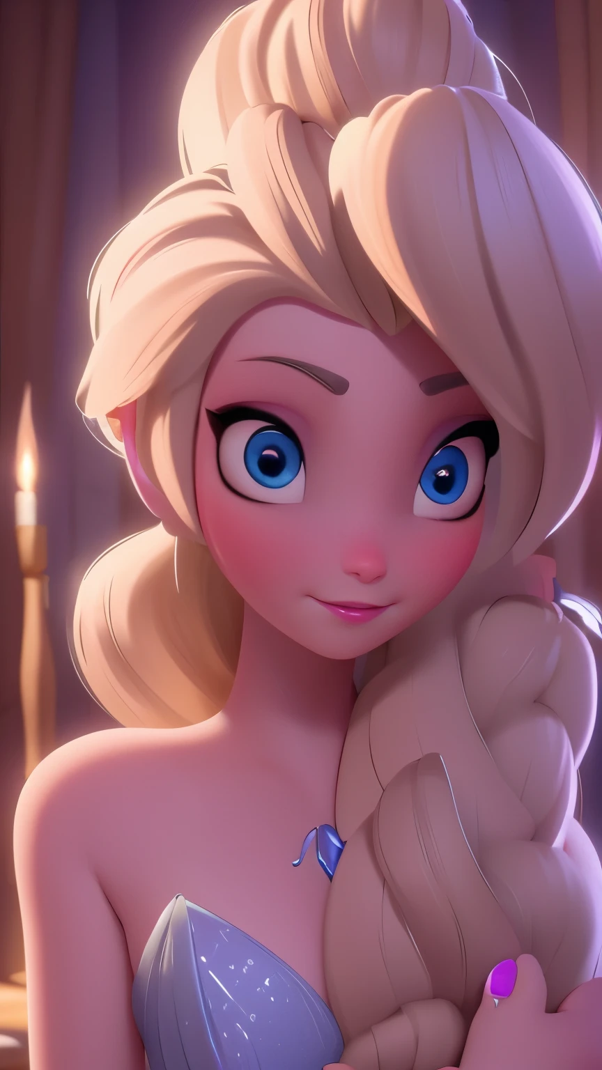 elsa, (perky breasts), (((small breasts))), affected smile:1.2, beautiful blue eyes, (perfect iris), depth of color in his eyes, by rubio, by the wide, braid, full lips, blush, naked, she is showing her vagina, depth of field, bokeh, (Special attention to leather details.: 1.2), masterpiece, Best Quality, ultra detailed, ultra HD, photorealistic, cinematographic, ((medium camera shot)), sensual pose, seductive, Nipples:1.4, looking to the camera, closeup of his face, her cheeks are blushed, 2, she is on her knees, eye contact:1.4, Angle elevation:1.5, ((Closeup on face)), perfect face, (((visible breasts))) bokeh everything other than her perfect face, The location is Arendelle in winter., ice castle