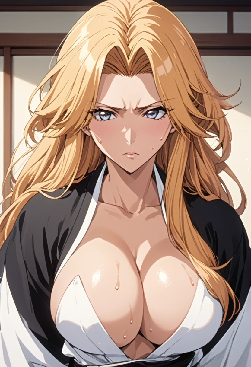 masterpiece, Highest quality, High resolution, (Matsumoto Rangiku),(BLEACH),1990s \(style\),G-cup beautiful breasts、height: 170cm,Sweating all over the body、Muscular,((sexy)),独奏,Innocence,Anime-style painting style, Blonde,long hair、Airy hairstyle,Japanese clothing,Composition focusing on the upper body