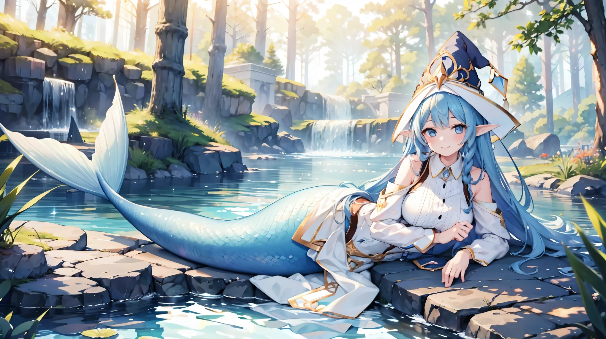 masterpiece, best quality,A girl,Witch, Blue Hair, blue eyes, Elf ears, Wizard Hat, White Dress,Solitary,Large Breasts,Mermaid,蓝色的Mermaid尾巴,full-body shot,charming face(Kawaii, charming,Soft),lying in a pond,forest,Looking at the audience,Smile