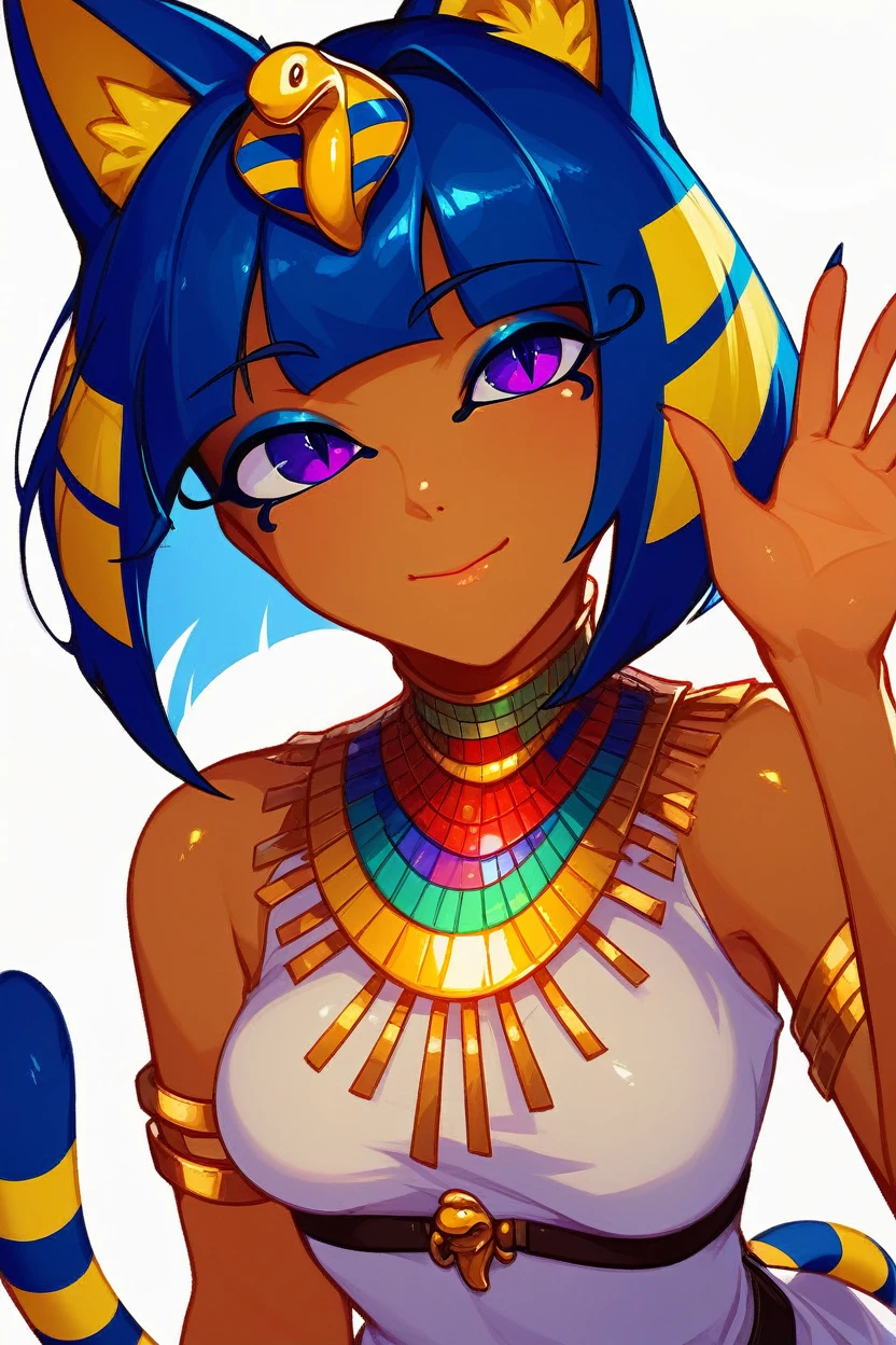 score_9, score_8_up, score_8, medium breasts, (curvy), cute, eyelashes,       BREAK, , zzEgyptian, animal crossing, animal ears, zzAnkha, armlet, backlighting, bare shoulders, belt, blonde hair, blue hair, blunt bangs, blunt ends, bob cut, cat ears, cat girl, cat tail, closed mouth, cropped, daniel deng, dark skin, dress, eye of horus, eyelashes, eyes visible through hair, facial tattoo, humanization, purple eyes, shiny skin, short hair, slit pupils, tattoo, usekh collar, white dress ,   BREAK, looking at viewer,  smile, waving, upper body, leaning forward, head tilt,  embedding:zPDXL, Expressiveh, 