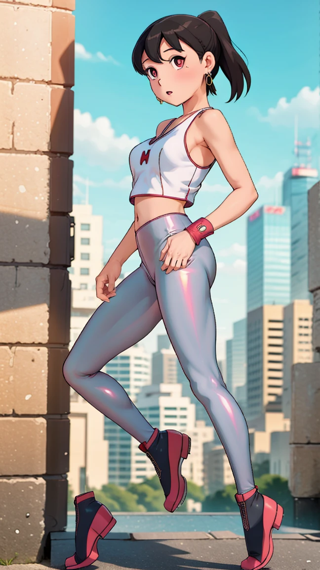 1girl light skin, small breasts,that highlight her facial features, withhair, ponytail andblack hair,shizuka,hot,high-top boots with non-slip soles,1girl, close up shot, (light black hair(0.1), medium hair, large breasts, red eyes), perfect anatomy, city, , (( earrings, see through transparent leggings)), buildings,shizuka,hot,looking at viewer,front view,smooth skin,hyperreal skin,full body,cotton leggings,solo