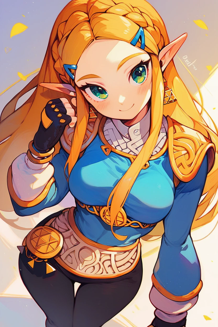 score_9, score_8_up, score_8, medium breasts, cute, eyelashes,       princess zelda, solo, long hair, crown braid, hairclip, pointy ears, blue shirt, long sleeves, fingerless gloves, black gloves, black pants, tight pants, green eyes, solo, looking at viewer, smile, blush,  