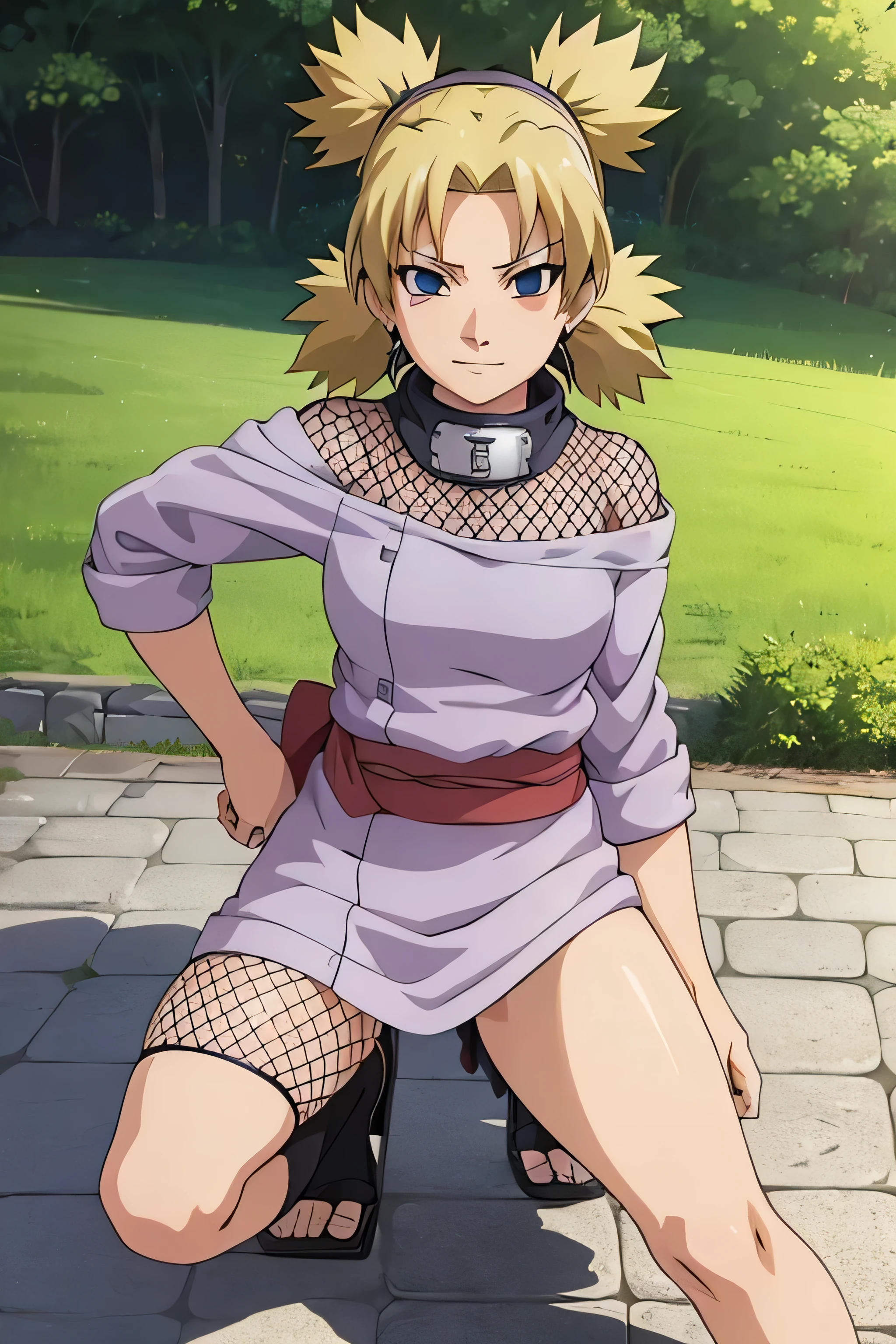 1 girl, ytemari, blonde hair, quad tails, blue eyes, fishnet, Purple clothes, sash, line art, laugh, front view, Konoha Village, bright colors, Masterpiece, best quality, high definition, walk, Spread your legs,