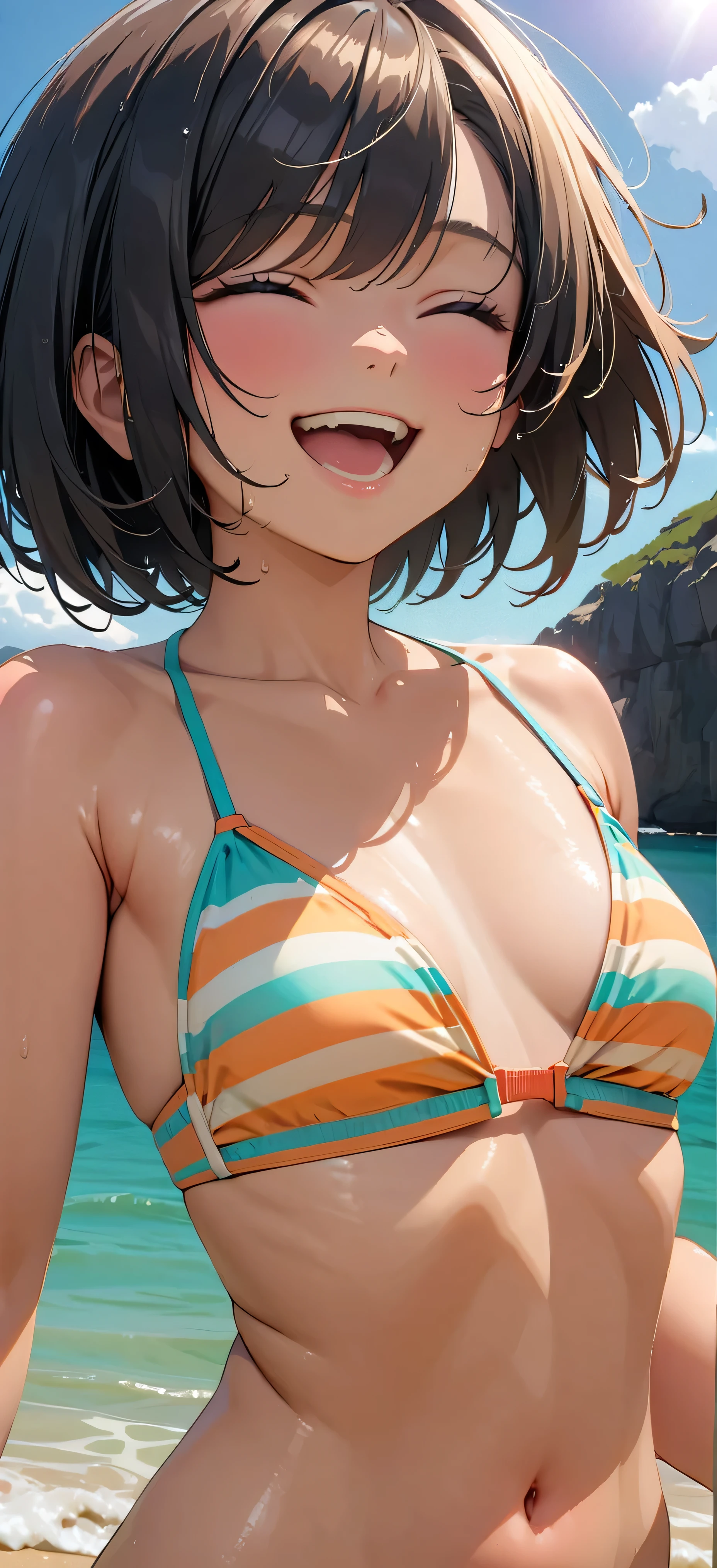 (Highest quality:1.2, Very detailed, Latest, Vibrant, masterpiece:1.2, Highest quality, Best aesthetics), big smile, ((Bust Shot:1.4)), 1980s style, 8K Ultra HD, Background Blur, smile, One Woman, Woman in bikini, Strong sunlight, Seaside, sunny, Summer sunshine, Wet Skin, Flat chest, Sandy Beach, Bobcut, low length, Dynamic Angle, very young, Get excited, Low - Angle, Open your mouth, Lower your head