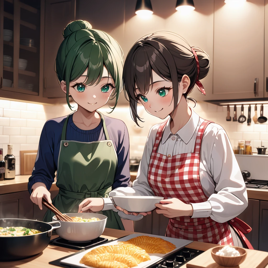 (8K, best quality, master piece: 1.2),ultra-high resolution,mother and child cooking together,ultra-detailed face,detailed eyes,jade eyes,aprons,red gingham check and beige plain Autumn fashion,1 child is dark green short hair,1 mother is dark green single hair bun,smile,cinema lighting, kitchen