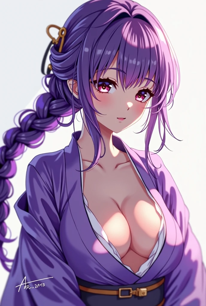 best quality, masterpiece, (leaning over:1.2), 
1girl, yuzuriha_(jigokuraku), purple hair, brown eyes, ninja, open clothes, cleavage, small breasts, topknot, medium hair, breasts apart, seductive smile, (blush:1.1),  japanese exterior, temple, sengoku period town, town,