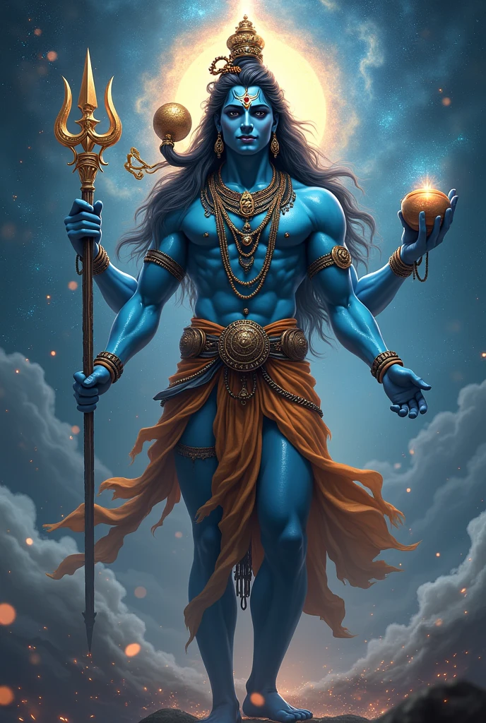 Create a Full HD 4K image of Lord Shiva in a cosmic setting. Depict him in a divine and ethereal manner, with his traditional attributes like the trident, snake, and crescent moon. Surround him with a cosmic backdrop filled with swirling galaxies, nebulae, and star clusters to evoke a sense of boundless space and celestial power. The overall vibe should be mystical and otherworldly, with radiant colors and subtle, intricate details that highlight the grandeur of the cosmic realm."