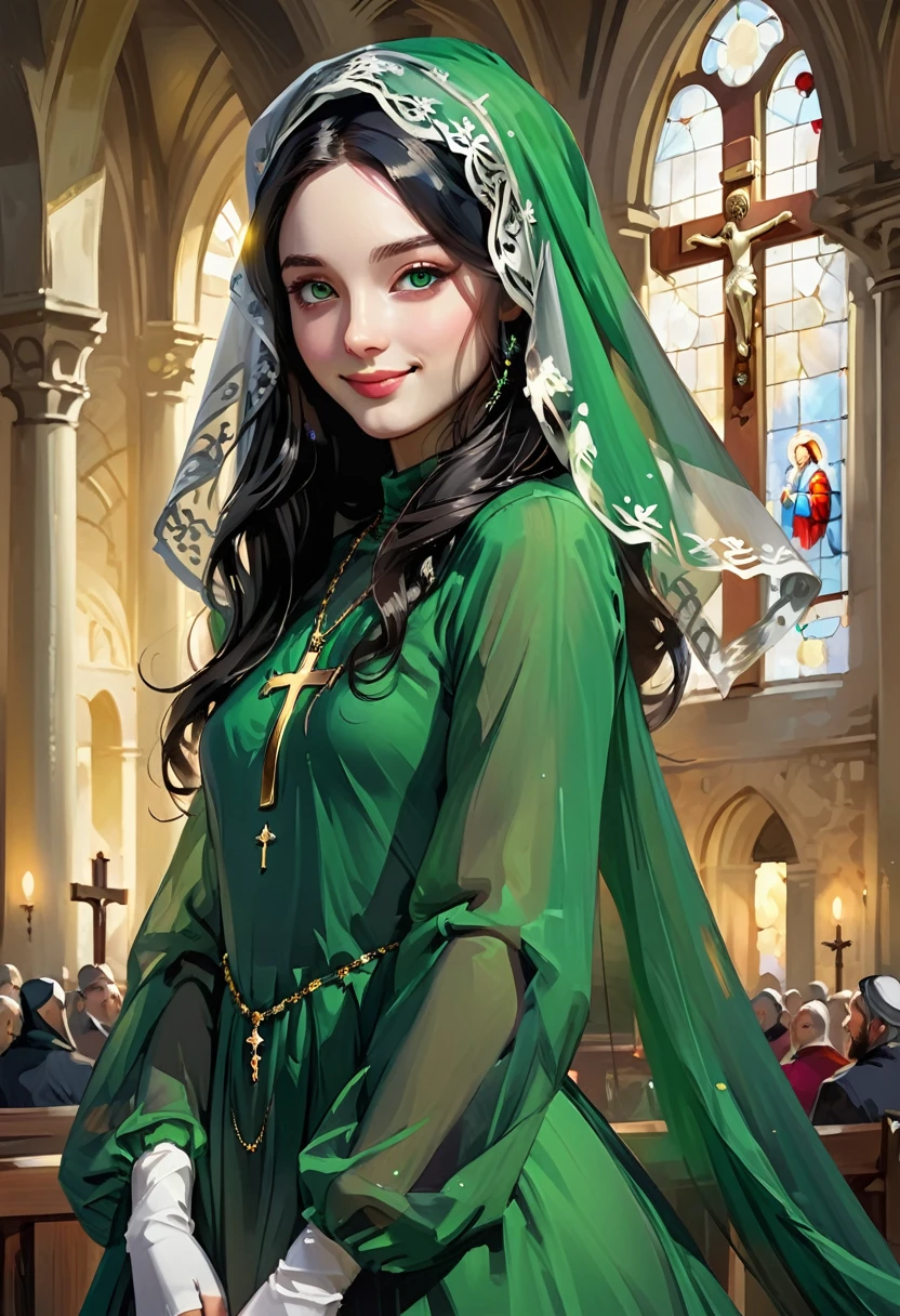 Attending Catholic mass. Beautiful 24 yo woman of Irish descent. athletic figure,(pale:1.4)complexion. raven black hair, green eyes, cute butt, nice legs. Kind eyes,(joy:1.3),(smile:1.2). head veil, Cross pendant, light makeup, Long flowing dress, long sleeves, pantyhose, high heels.Masterpiece, (highly detailed:1.2),(detailed face and eyes:1.2), depth of field, 8k wallpaper, natural lighting, core shadows, high contrast, bokeh.(rule of thirds)