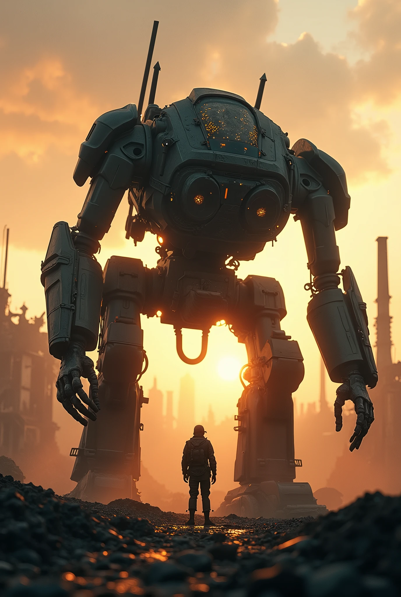 After the fierce battle、壊れたロボット、A collapsed and broken combat robot、The setting sun shines on the robot、Backlight by the setting sun、A soldier looking up at a robot、((silhouette)),Battlefield、Ruins