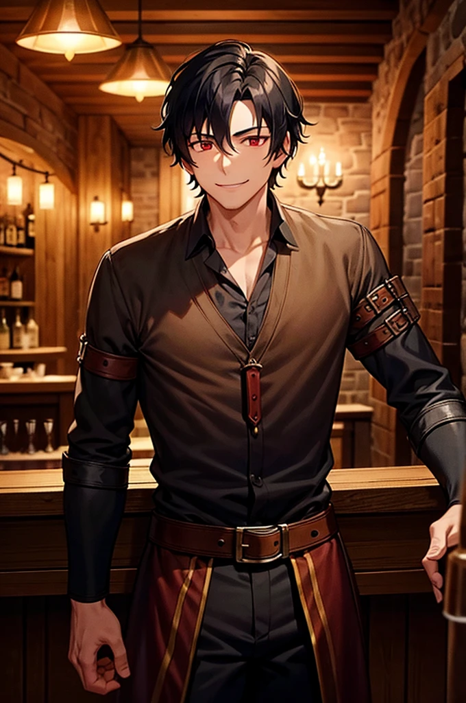 Late Night　A magnificent medieval tavern　A male adventurer in his 30s with short black hair and red eyes, smiling as he waits for his friend to return with his drinks　Vision　One person