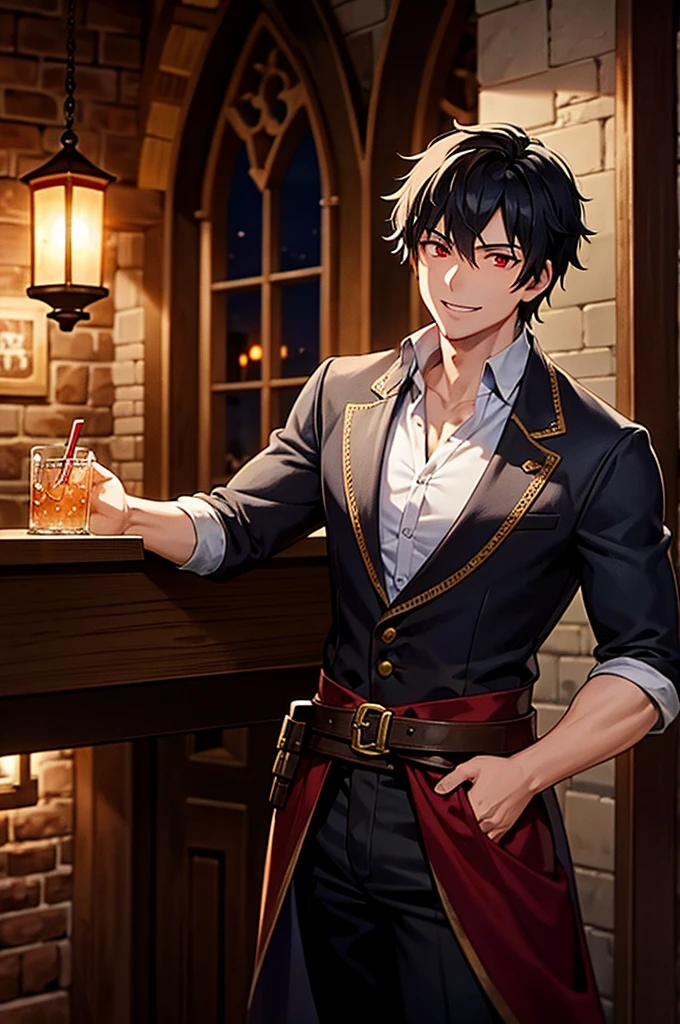 Late Night　A magnificent medieval tavern　A male adventurer in his 30s with short black hair and red eyes, smiling as he waits for his friend to return with his drinks　Vision　One person