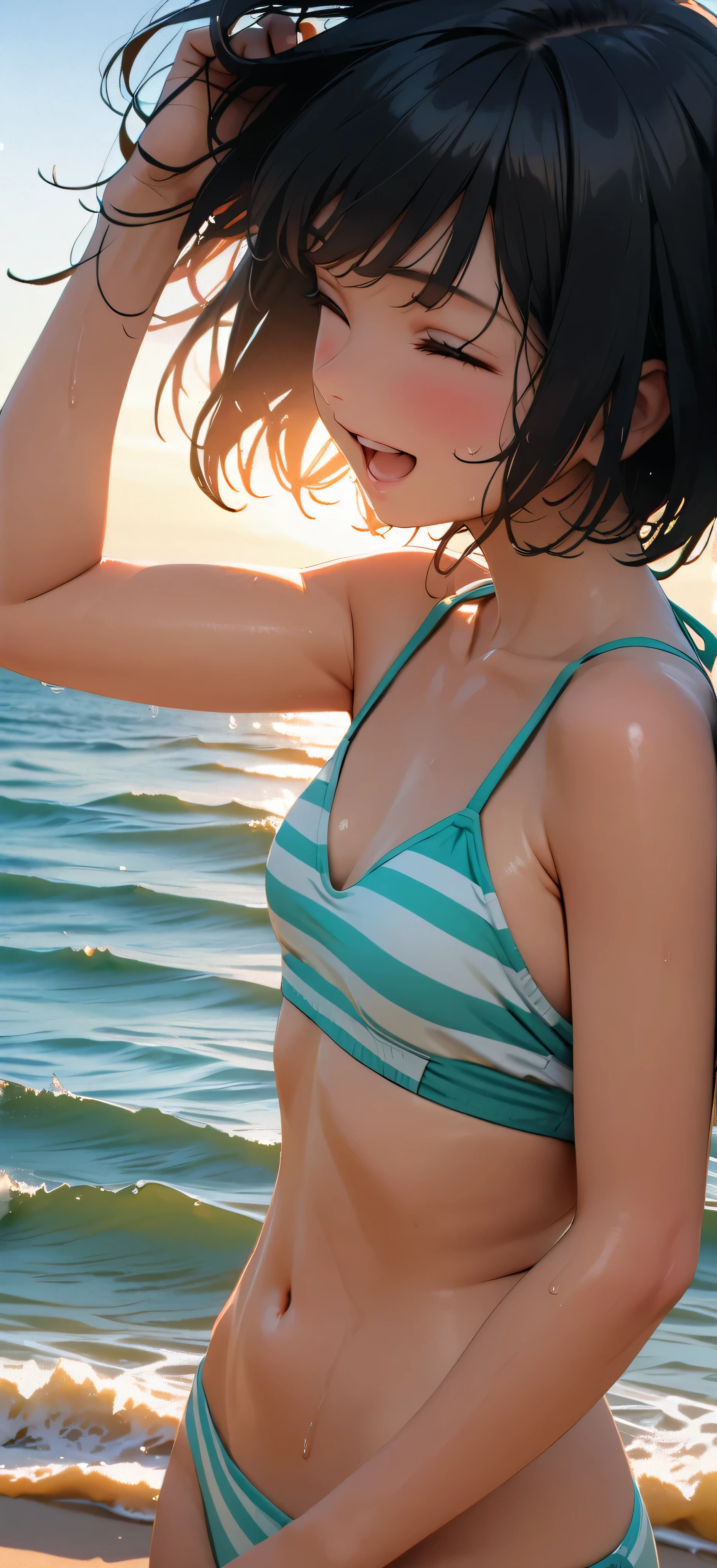 (Highest quality:1.2, Very detailed, Latest, Vibrant, masterpiece:1.2, Highest quality, Best aesthetics), big smile, ((Bust Shot:1.4)), 1980s style, 8k Ultra HD, Background Blur, One Woman, Woman in bikini, Strong sunlight, Seaside, sunny, Summer sunshine, Wet Skin, Flat chest, Sandy Beach, Bobcut, low length, Dynamic Angle, very young, Get excited, Low - Angle, Open your mouth, Lower your head, Black Hair