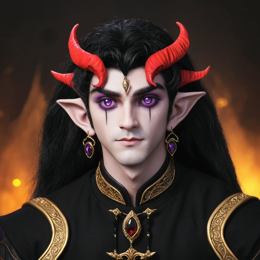 A young elf, masculine, hair long black, black earrings in both ears, right eye with purple iris and black pupil, left eye with red iris and black pupil, the sclera is black in both eyes, height 1,90 and wears dark clothes with golden embroidery, Pele&#39;s color is gray, no beard and moustache