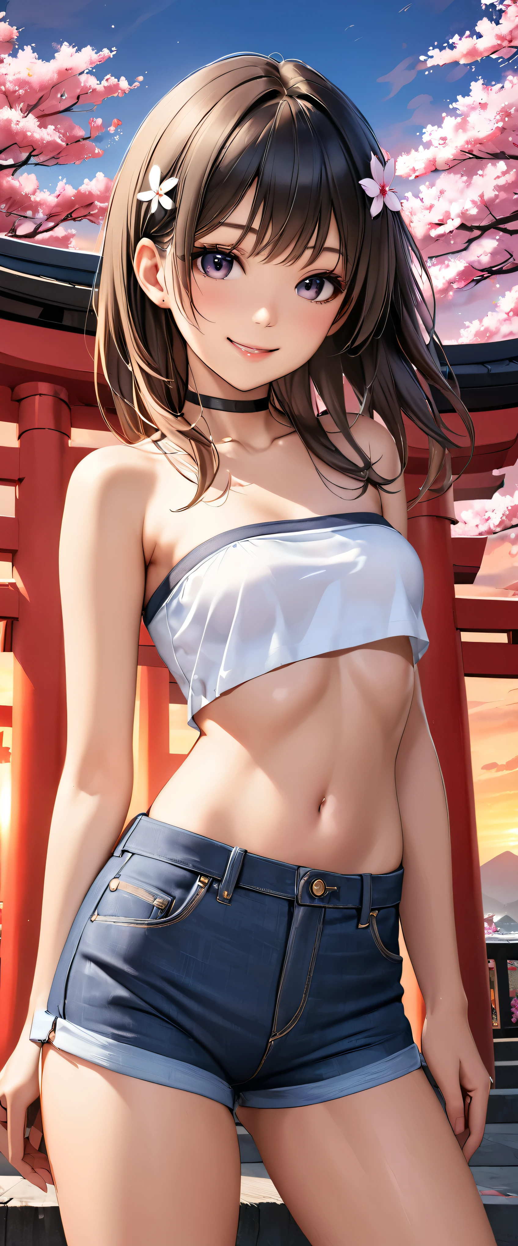 Highest quality, Ultra-high resolution, (Realistic:1.4), One person,  Small breasts, Black choker, smile, Exposing shoulders, Focus Only, View your viewers,Fair skin,sunset,cherry blossoms,Photon Mapping, Physically Based Rendering, RAW Photos, Highly detailed background,K-Pop Idols,Depth of written boundary,torii,cherry blossoms,hair ornaments,Detailed face,Glowing Skin,Game CG,whole body, micro jean shorts,micro tube top,skinny,Fits perfectly against the skin