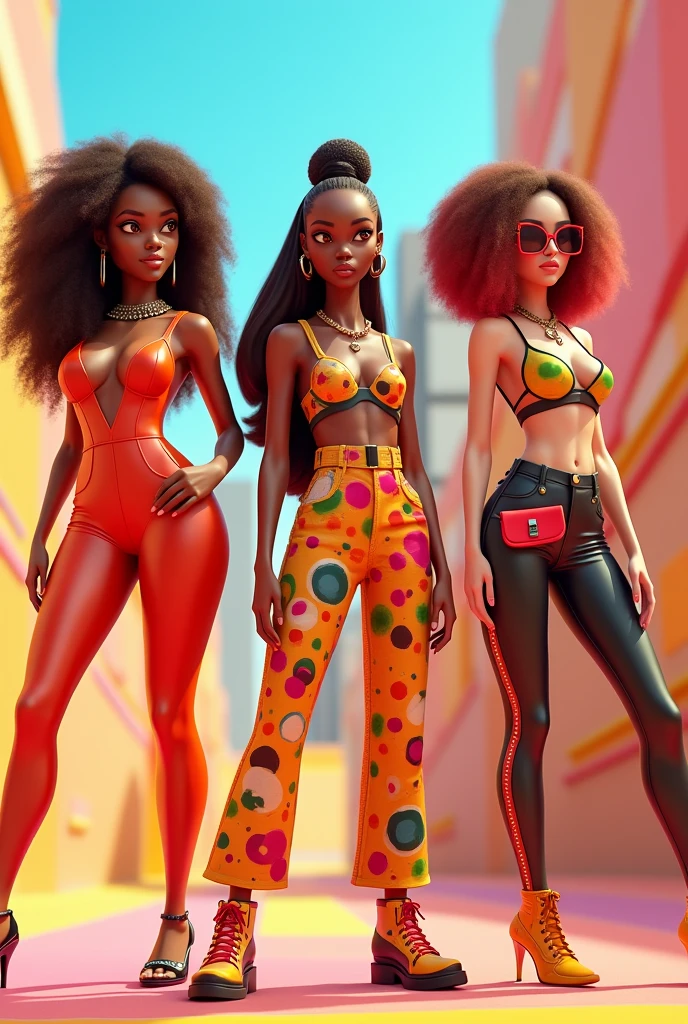 Three women in short shorts and crop tops stand next to a Boombox, Boombox, 2014, Afropunk, 2 0 1 4, Big Ghetto Blaster, Afro futurisme, Grand afro, Ghetto Blaster, 2013, 2 0 1 2, 2012, Belle ville femme noire seulement, avec afro, Afro - style futuriste