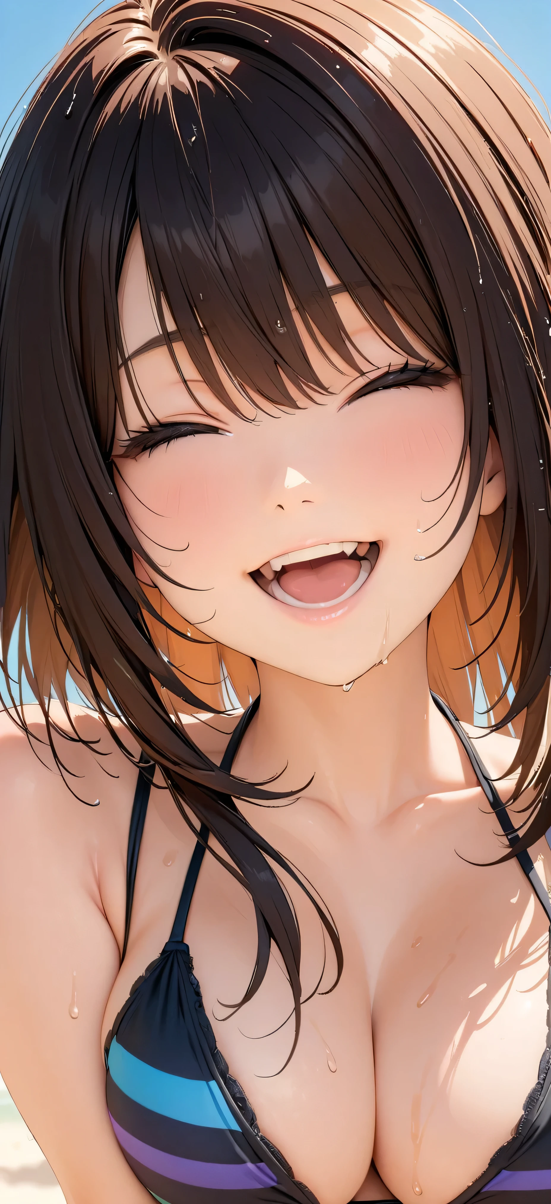 (Highest quality:1.2, Very detailed, Latest, Vibrant, masterpiece:1.2, Highest quality, Best aesthetics), smile, ((Face Up Shot:1.4)), 1980s style, 8K Ultra HD, Background Blur, smile, One Woman, Woman in bikini, Strong sunlight, Seaside, sunny, Summer sunshine, Wet Skin, Flat chest, Sandy Beach, low length, Dynamic Angle, very young, Get excited