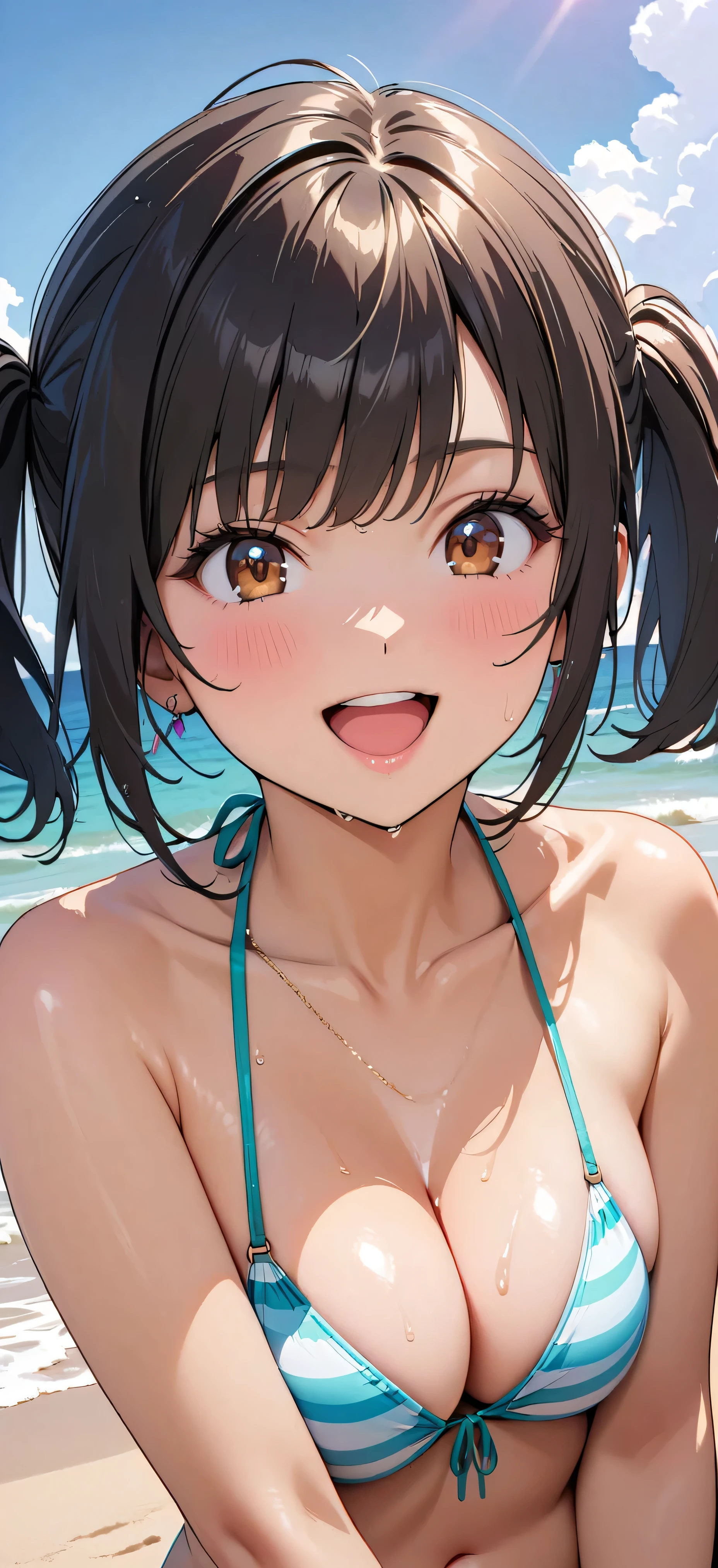 (Highest quality:1.2, Very detailed, Latest, Vibrant, masterpiece:1.2, Highest quality, Best aesthetics), big smile, ((Bust Shot:1.4)), 1980s style, 8K Ultra HD, Background Blur, One Woman, Woman in bikini, Strong sunlight, Seaside, sunny, Summer sunshine, Wet Skin, Sandy Beach, Dynamic Angle,  Low - Angle, Open your mouth, Black Hair, Bobcut, Twin tails, Ultra-fine illustrations, Highly Details, Anime Style