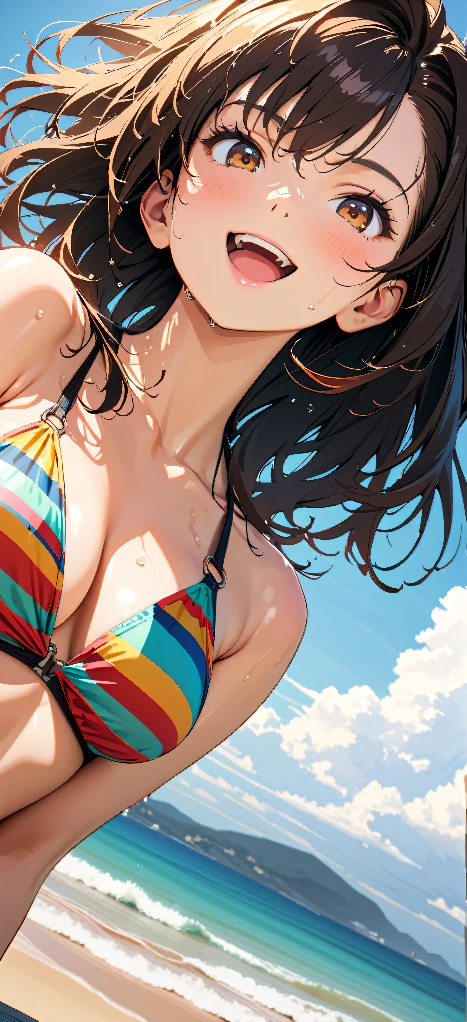 (Highest quality:1.2, Very detailed, Latest, Vibrant, masterpiece:1.2, Highest quality, Best aesthetics), big smile, ((Bust Shot:1.4)), 1980s style, 8K Ultra HD, Background Blur, One Woman, Woman in bikini, Strong sunlight, Seaside, sunny, Summer sunshine, Wet Skin, Sandy Beach, Dynamic Angle, Low - Angle, Open your mouth, Ultra-fine illustrations, Highly Details, Anime Style