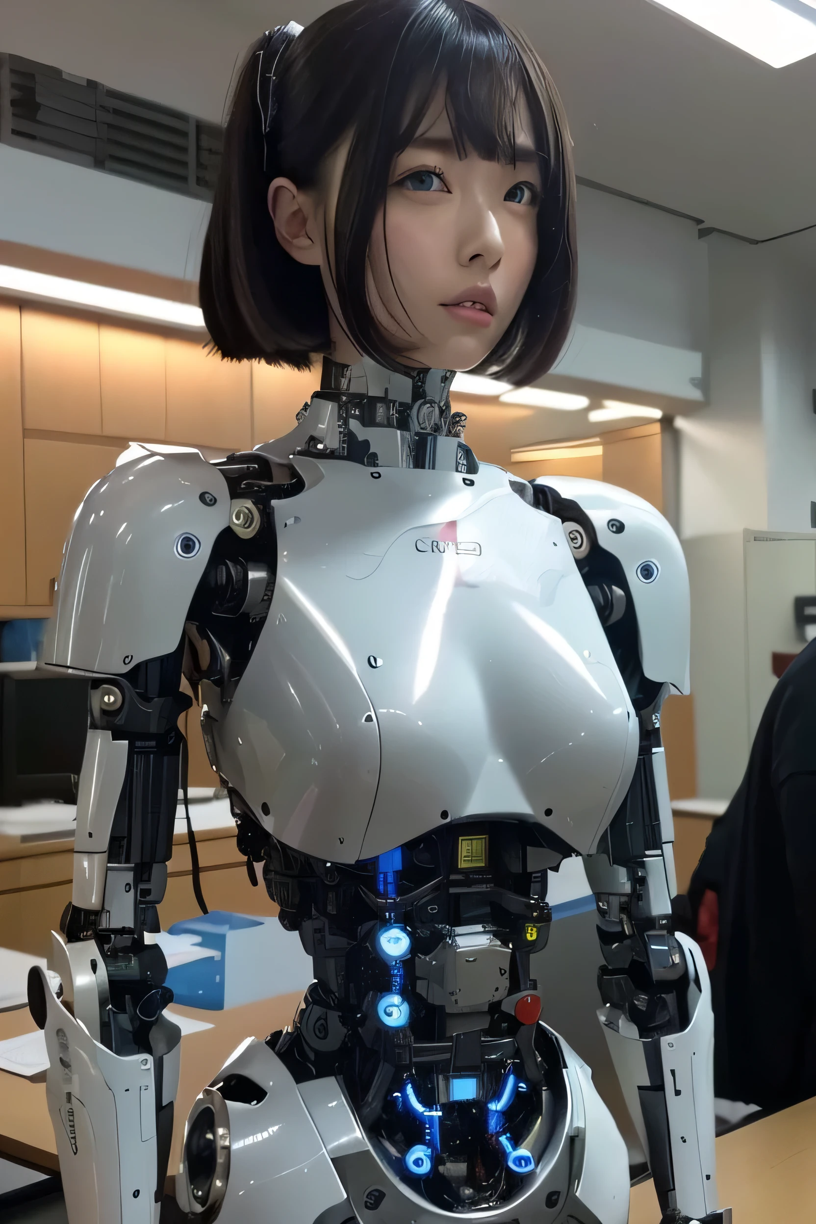 masterpiece, best quality, extremely detailed, Japaese android girl,Plump , control panels,android,Droid,Mechanical Hand, Robot arms and legs, Black Robot Parts,Black hair,Mechanical body,Blunt bangs,White robotics parts,perfect robot girl,future information counter,reception,long tube,thick cable connected her neck,ceramic body ,mechanical body,mechanical costume,android,robot,humanoid,cyborg,information office,japanese android receptionist ,mechanical chest,blue eyes,office-lady