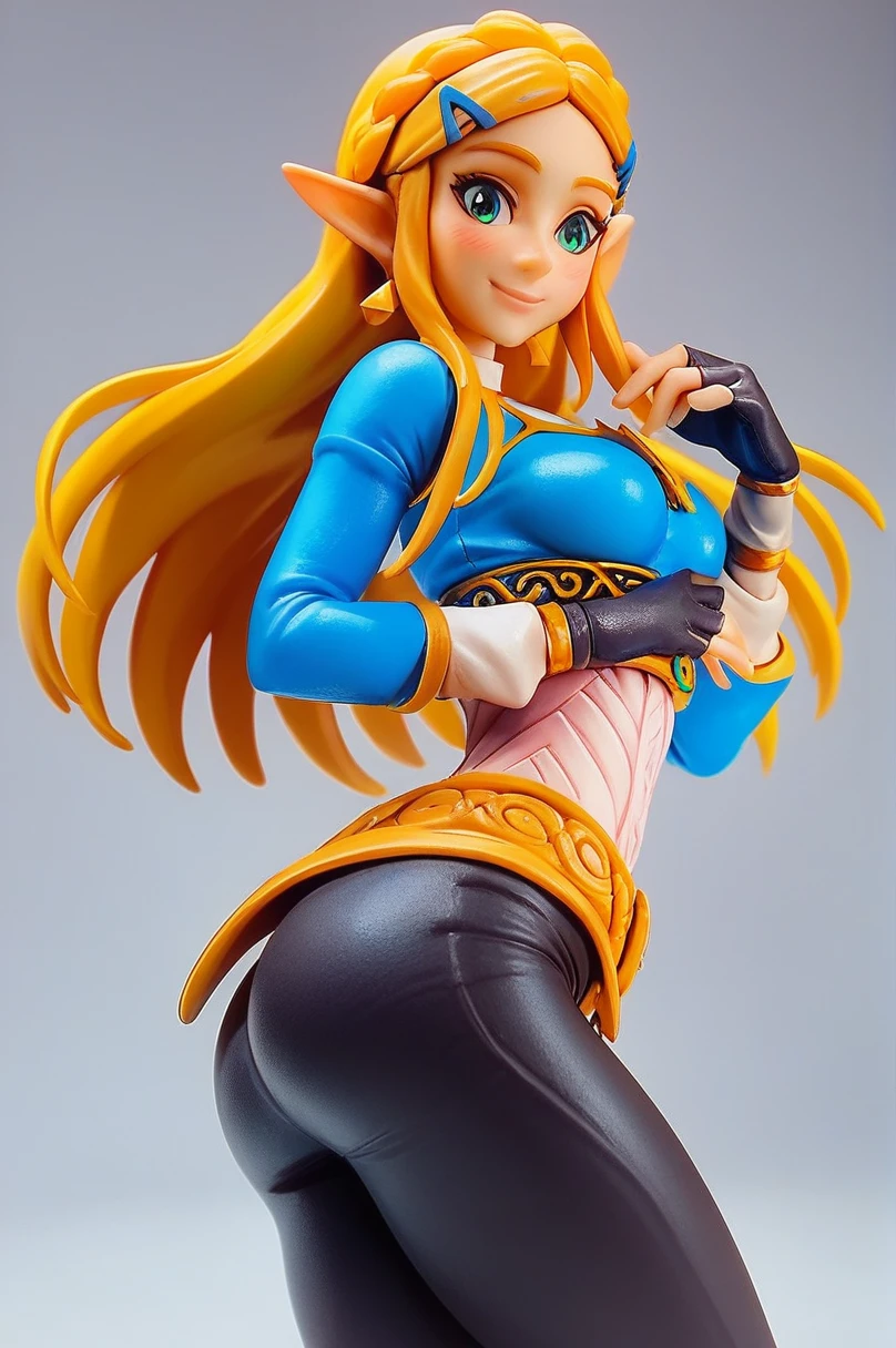 high resolution,  score_9, score_8_up, score_8, medium breasts, cute, eyelashes,    figure, princess zelda, long hair, crown braid, hairclip, pointy ears, blue shirt, long sleeves, fingerless gloves, black gloves, black pants, tight pants, green eyes, solo, looking at viewer, smile, blush,   