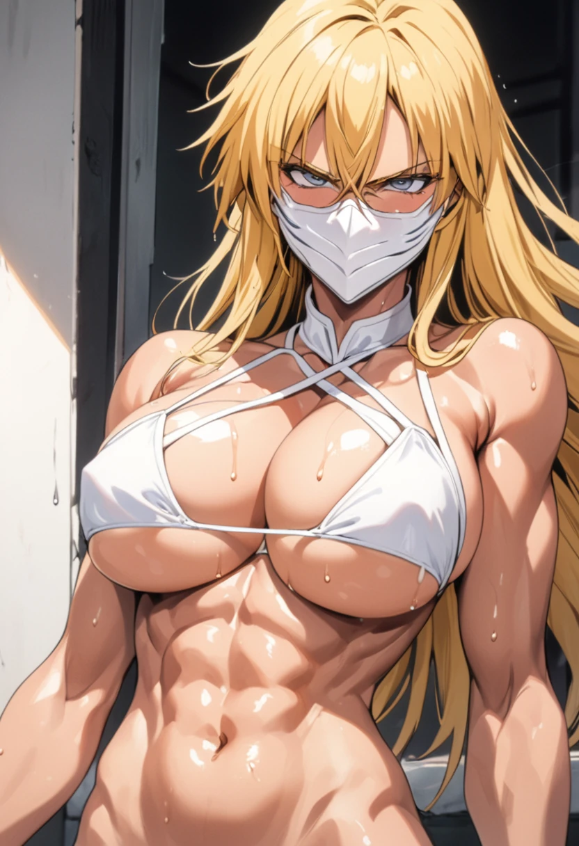 masterpiece, Highest quality, High resolution, (Harribel),(BLEACH),1990s \(style\),F cup breasts、height: 170cm,Sweating all over the body、Muscular,sexy,独奏,Anime-style painting style, Blonde,long hair、White Mask,(underboob),A composition that focuses on the whole body,(Cool face)、(Pointed Eyes)