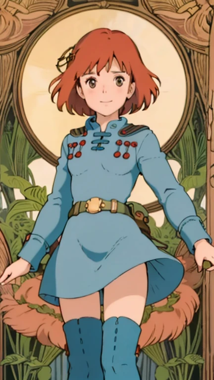 (1girl, solo, highly insanely detailed, masterpiece, top quality, best quality, highres, 4k, 8k, RAW photo),((innocent look)),((Childish)),From the front, symmetrical composition,smile,cute,Innocent,Kind eyes,Flat chest,Art Nouveau Style,ghibli style,vines, (Nausicaa), (redhead, brown eyes), standing 