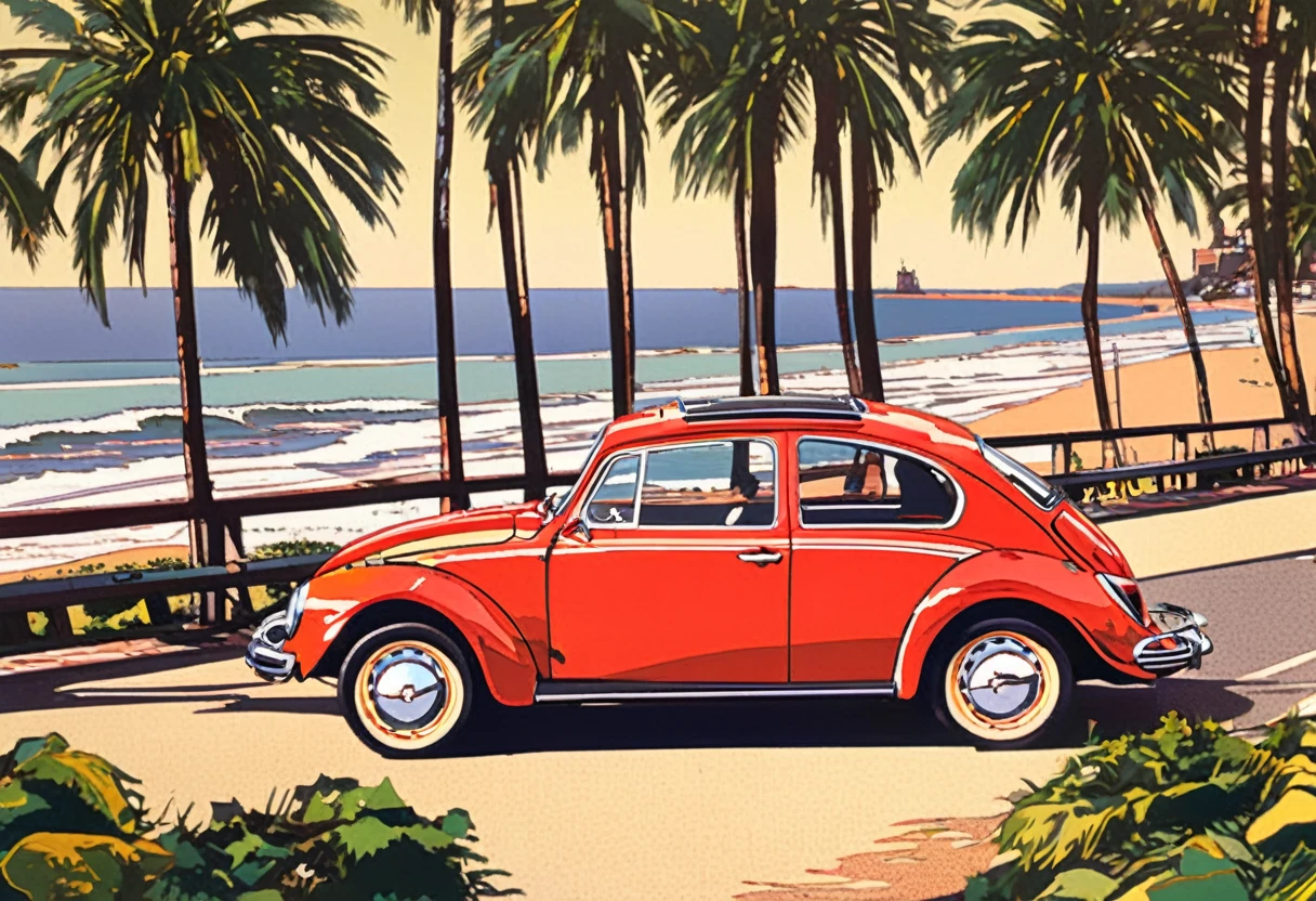 A Volkswagen Beetle from the 1970s (retro red exterior: 1.1), iconic design, cruising along Coastal road, (reflected lights: 1.2), bathed in sunlight and the rustling sea breeze,  waves lapping on the shore, nostalgic atmosphere, interplay of light and shadow, rich layers, mesmerizing moment, Palm trees and seaside view, vintage feel, fading moment