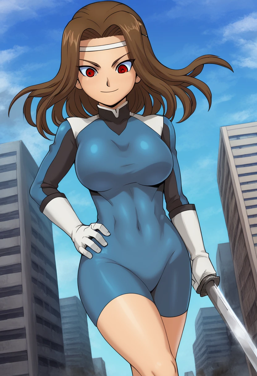 ultra-detailed, detailed face, detailed eyes, retro anime style, cartoon style, front view, from bottom, low angle, powerful shot, powerful effects, dynamic effects, dynamic shot, 

athletic curvy physique, inverted body type, attractive feminine curves, big breasts, curvy legs and arms, feminine curvy figure, (thick thighs, thick calves, thick voluptuous legs, big curvy hip, bare knees), ((style of plump voluptuous body)), plump thighs, plump calves, 

white gloves, gloves, blue bodysuit, dark emperors, boots, brown long hair, red glowing eyes, 
1 beautiful giant girl, looking down with gallant smile, (elegantly walking on road between buildings, chasing small people around her steps, looking down people around her foot, put hand on hip, holding long sword in another hand, crossed legs, size difference), rampage, corrupted city, destroyed buildings, corrupted buildings, scattered rubble around her feet, cracks on the road she walked along, trampling tiny human with her foot, trampled human, dusts are rolled up every she steps, overwhelming, terrible, 

building size, nathan,1boy, kurosaki makoto, long hair, red eyes, brown hair, headband, 