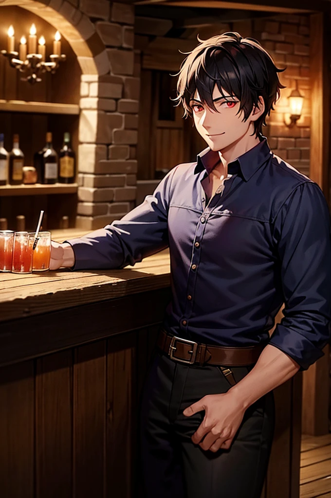 Late Night　A magnificent medieval tavern　A male adventurer in his 30s with short black hair and red eyes, smiling as he waits for his friend to return with his drinks　Vision