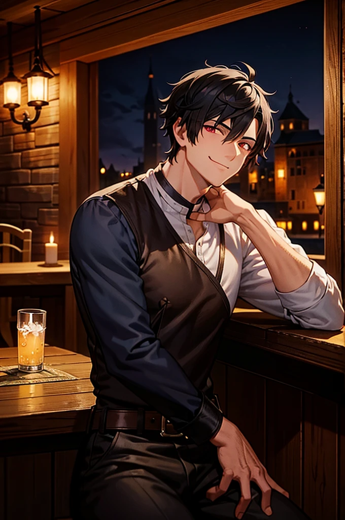 Late Night　A magnificent medieval tavern　A male adventurer in his 30s with short black hair and red eyes, smiling as he waits for his friend to return with his drinks　Vision