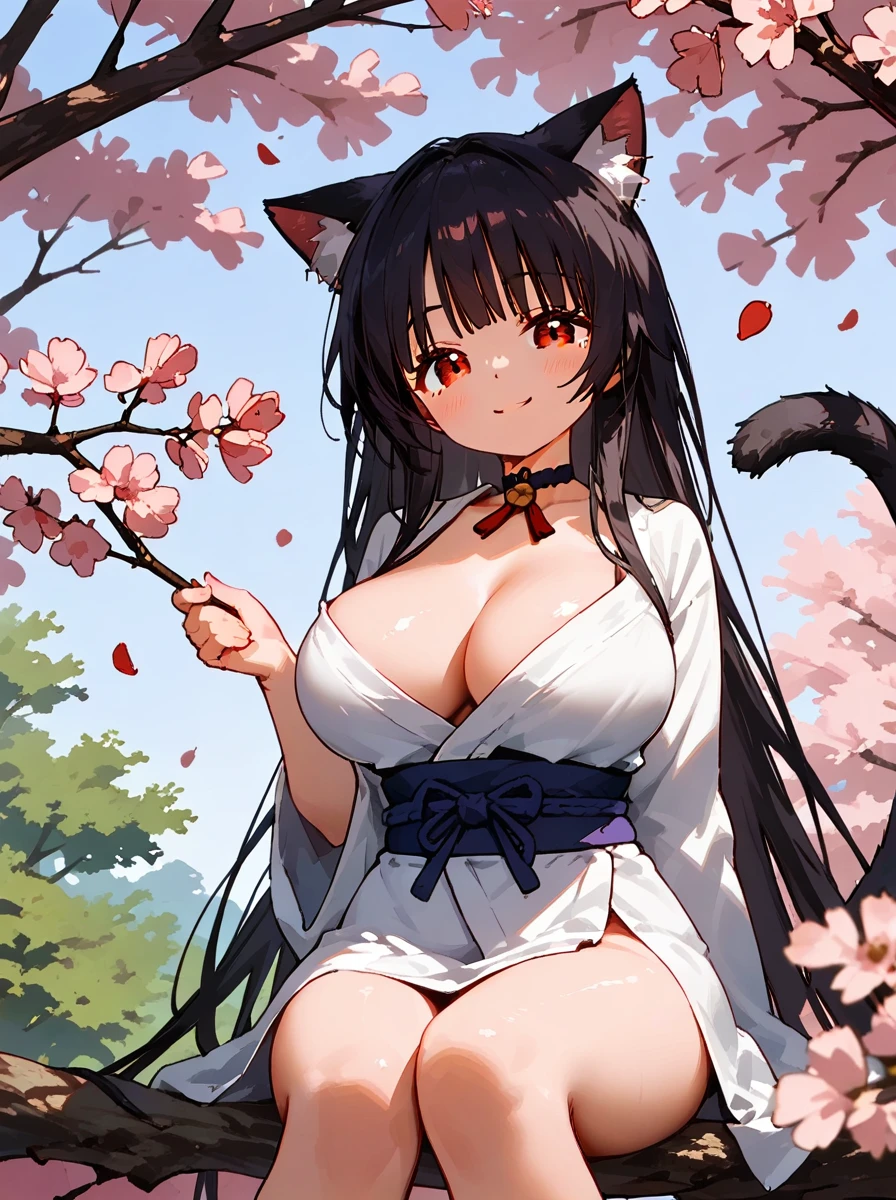 ((junkotvvxl, long hair, dark hair, Bunches , cat ears, red eyes,  (big breasts))) score 9, score 8 up, score 7 up, rating questionable,
detailed background,
junkotvvxl,
wide hips, shiny skin, 
tree, sitting on branch,  open eyes, smile, cherry blossom, looking at viewer, light blush, Kunoichi