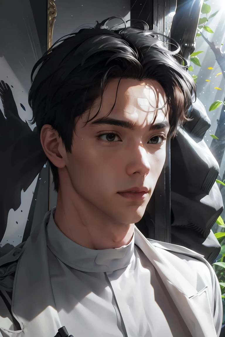 (nonsense, height, Very detailed), 1 man, adult, handsome, A tall and muscular boy, Broad shoulders, Intricately detailed eyes and detailed face, black hair, gray eyes, handsome, Eat time, Fantasy, uniform, TRUE, forest, Flowers bloom into bright flowers., sunlight, Amazing light and shadow, terrain, Portrait