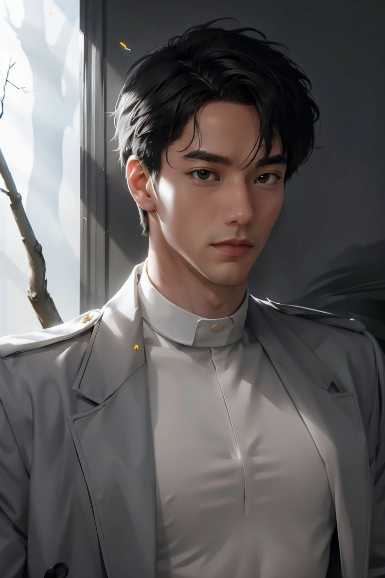 (nonsense, height, Very detailed), 1 man, adult, handsome, A tall and muscular boy, Broad shoulders, Intricately detailed eyes and detailed face, black hair, gray eyes, handsome, Eat time, Fantasy, uniform, TRUE, forest, Flowers bloom into bright flowers., sunlight, Amazing light and shadow, terrain, Portrait