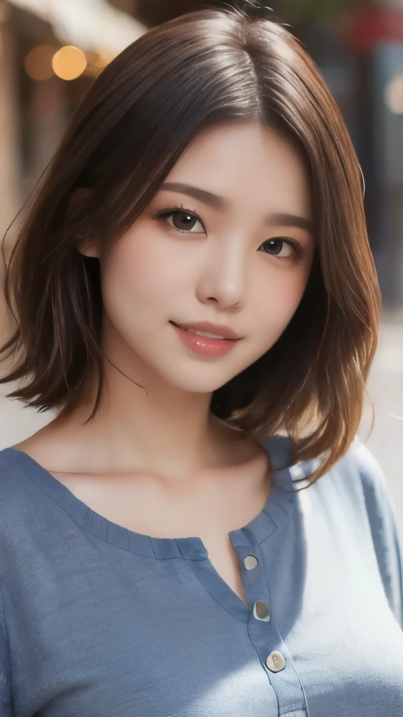 8k,Highest quality,(masterpiece:1.2),(Realistic),(Realistic:1.37),Ultra-high resolution,1 female college student,smile,Long Wavy Hair,Beautiful Eyes,Beautiful teeth alignment, city,(((Cute casual clothes))),Not wearing a bra,Big Breasts,Perfect body,Perfect Fingers,Professional Lighting,gravure,Detailed face and skin texture,fine grain,RAW Photos