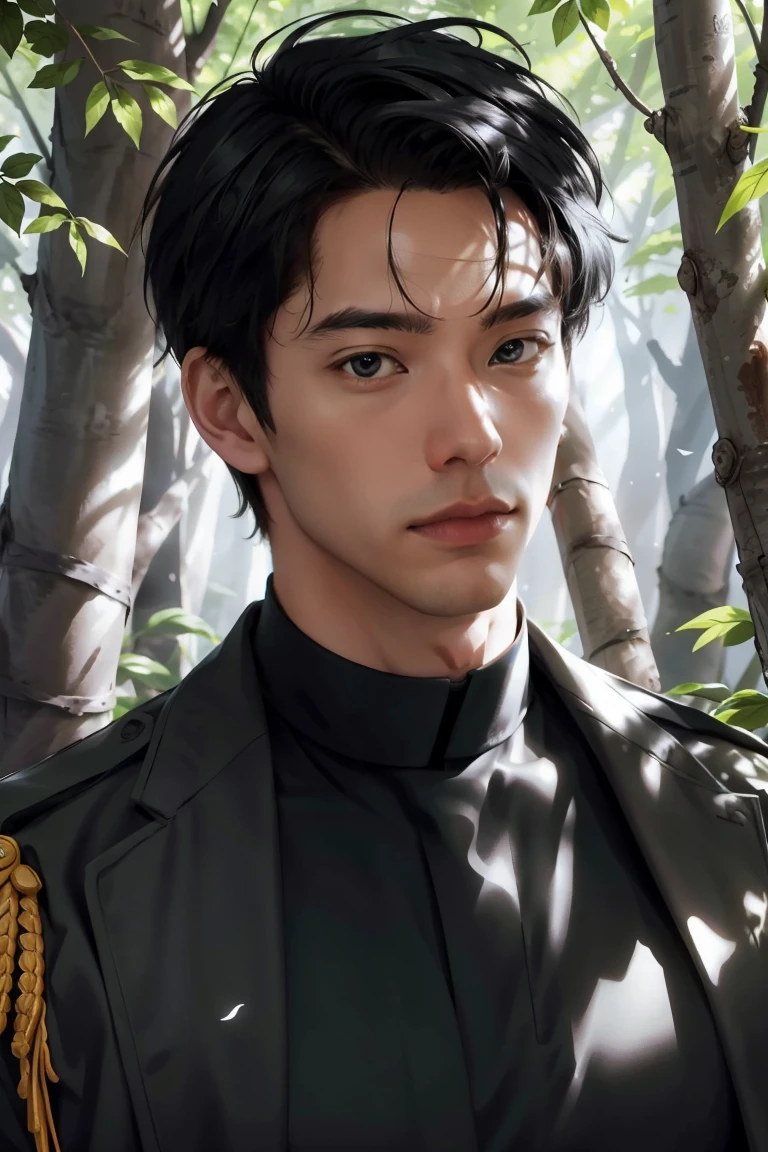 (nonsense, height, Very detailed), 1 man, adult, handsome, A tall and muscular boy, Broad shoulders, Intricately detailed eyes and detailed face, black hair, gray eyes, handsome, Eat time, Fantasy, uniform, TRUE, forest, Flowers bloom into bright flowers., sunlight, Amazing light and shadow, terrain, Portrait