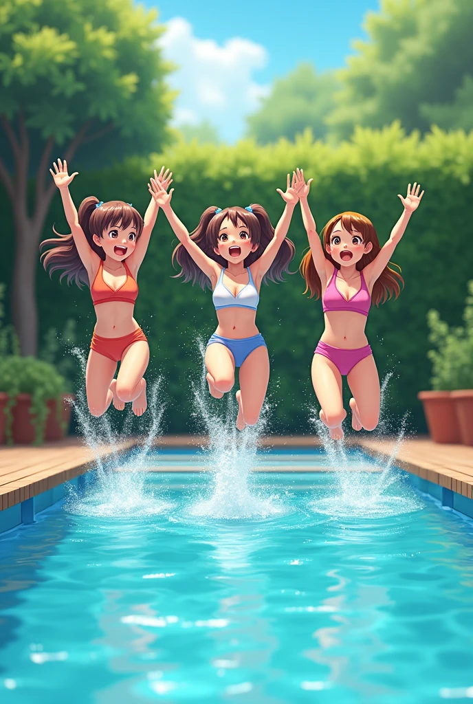 (masterpiece:1.2, best quality), (highly detailed:1.3), three girls, teenite school shirt, no skirt, (white panties), in water in a forest lake, laugh, fun, bright