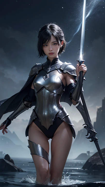 (NSFW), 1womanl, Solo, 24 year old, 7headed body, (cute face), (Ideal ratio body proportions), long , Fantasia, Magic Effects, ((armored dress)), holding a greatsword, Sexy body, heavy wind, The costume is sheer, Wet, short-hair, Dark hair, small tits, A slender, Small buttocks, beauty legs, Skinny Legs, surrealism, Cinematic lighting, depth of fields, One-person viewpoint, F/1.8, 135 mm, nffsw, masutepiece, ccurate, ((Anatomically correct)), Textured skin, Super Detail, high details, High quality, awardwinning, Best Quality, hight resolution, 8K