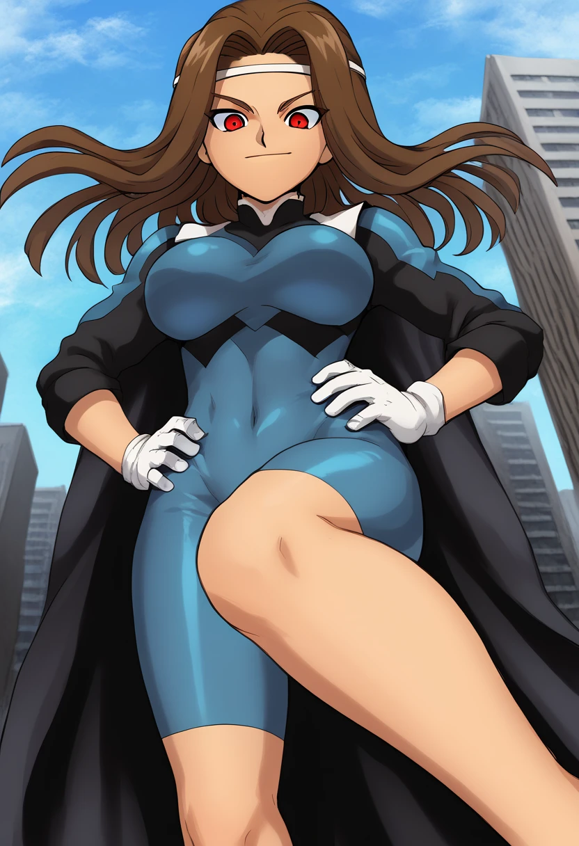 ultra-detailed, detailed face, detailed eyes, retro anime style, cartoon style, front view, from bottom, low angle, powerful shot, powerful effects, dynamic effects, dynamic shot, 

athletic curvy physique, inverted body type, attractive feminine curves, big breasts, curvy legs and arms, feminine curvy figure, (thick thighs, thick calves, thick voluptuous legs, big curvy hip, bare knees), ((style of plump voluptuous body)), plump thighs, plump calves, 

white gloves, gloves, blue bodysuit, dark emperors, boots, brown long hair, red glowing eyes, 
1 beautiful giant girl, looking down with gallant smile, (elegantly walking on road between buildings, chasing small people around her steps, looking down people around her foot, put hands on hip, crossed legs, size difference), rampage, corrupted city, destroyed buildings, corrupted buildings, scattered rubble around her feet, cracks on the road she walked along, trampling tiny human with her foot, trampled human, dusts are rolled up every she steps, overwhelming, terrible, 

building size, nathan,1boy, kurosaki makoto, long hair, red eyes, brown hair, headband, 