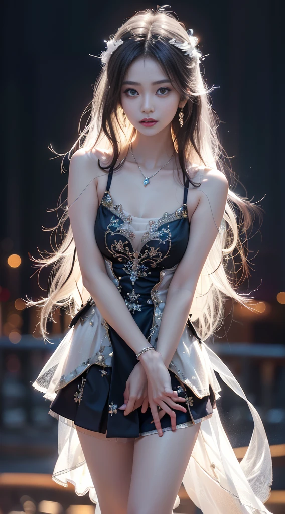 (Girl in semi-transparent off-shoulder black miniskirt dress)、, (photo realistic:1.4), (hyper realistic:1.4), (realistic:1.3), (smoother lighting:1.05), (increase cinematic lighting quality:0.9),. 32K, 1girl,20yo girl, realistic lighting, backlight, light on face, ray trace, (brightening light:1. 2), (increase image quality:1.4), (highest quality realistic textured skin:1.4),(Big Blue Eyes), finely drawn eyes, finely drawn face, finely textured eyes, (tired, sleepy and satisfied:0.0), close-up of face, shirt with large cleavage visible, (enhance atmosphere of body lines:1.1), (beautiful textured skin:1.1),(Full Body Shot)、