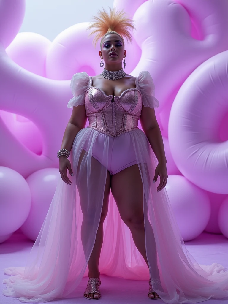 woman (african, black mane, big breasted, long legs, ((red)) ball gown, white stockings, much jewelry (pearl necklace, pearl bracelets)), arrogant attitude