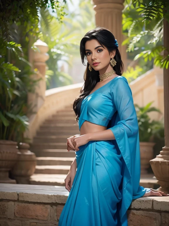 Princess Jasmine (from Disney's animated version of Aladdin) dressed in a beautiful blue sari.