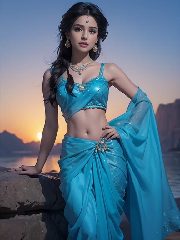 Princess Jasmine (from Disney's animated version of Aladdin) dressed in a beautiful blue sari.