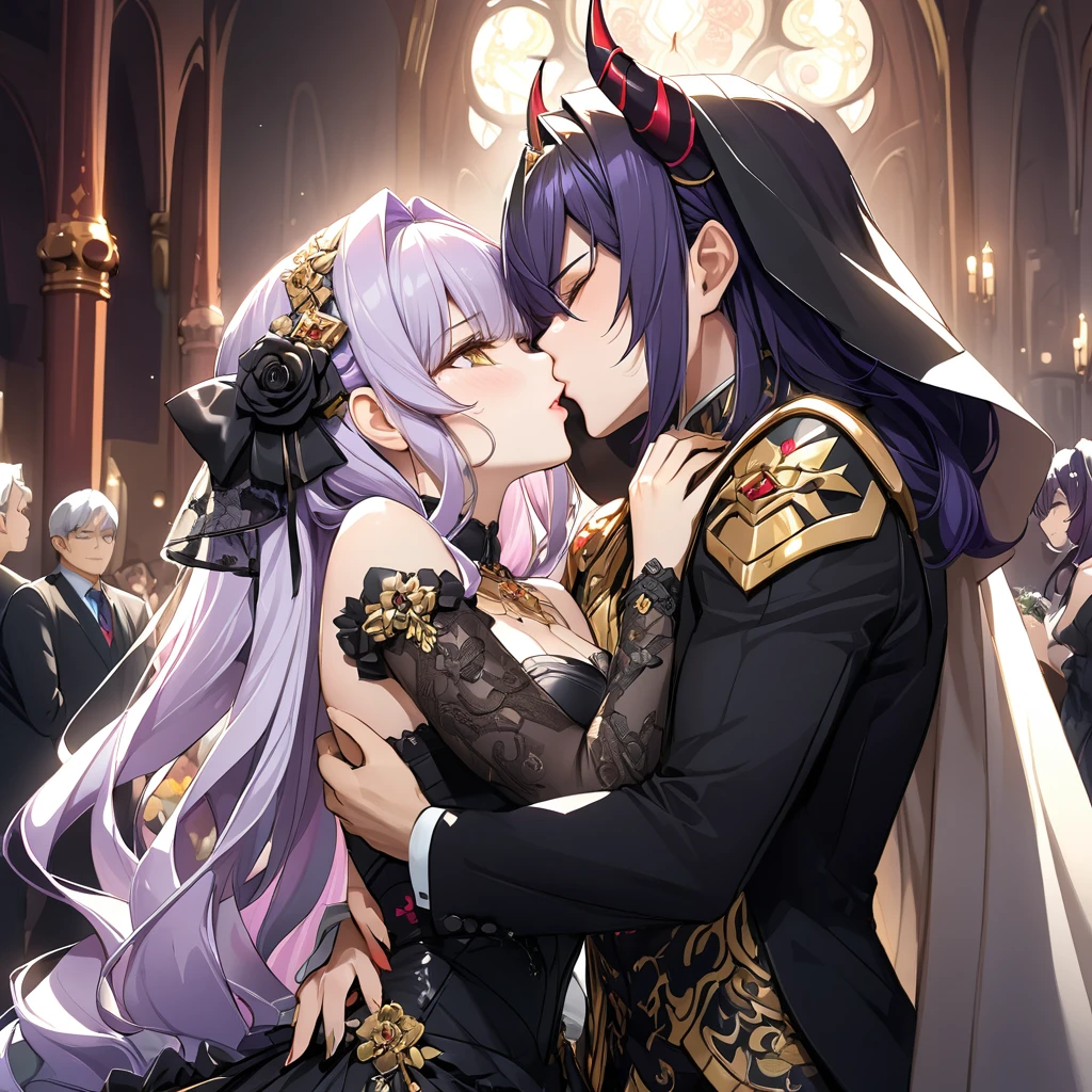 ((Highest quality)), ((masterpiece)), (detailed), （Perfect Face）、The woman has light purple hair in Extia Magica、The woman is wearing a gorgeous black wedding dress with gold embroidery and trim, and a black wedding veil. She and the Great Demon King embrace and kiss, and hold a wedding ceremony.