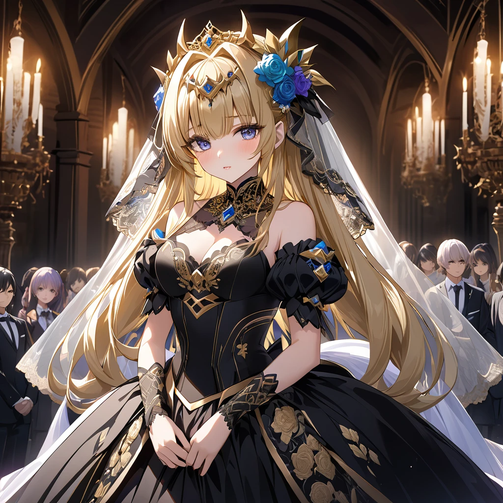 ((Highest quality)), ((masterpiece)), (detailed), （Perfect Face）、The woman is Extia Spica、The woman is wearing a gorgeous black wedding dress with gold embroidery and trim, and a black wedding veil. She and the Great Demon King embrace and kiss, and hold a wedding ceremony.