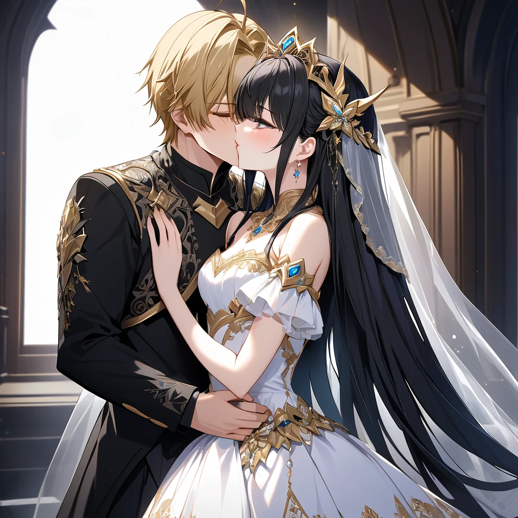 ((Highest quality)), ((masterpiece)), (detailed), （Perfect Face）、The woman is Extia Spica、The woman is wearing a gorgeous black wedding dress with gold embroidery and trim, and a black wedding veil. She and the Great Demon King embrace and kiss, and hold a wedding ceremony.