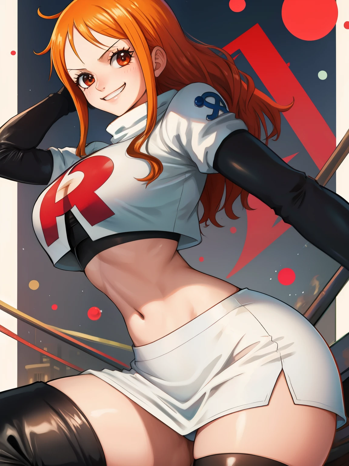 nami, one piece, team rocket uniform, red letter R, white skirt,white crop top,black thigh-high boots, black elbow gloves, sexy poses, evil smiling, pokeball