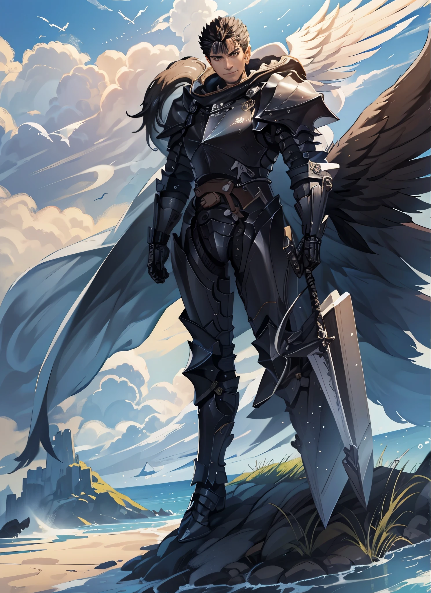 1man, (adult face),adult,black hair,short hair,scar in eye,black eye, serious face, smile, armor, angel, angel wings,war field,standing, looking at viewer,holding a claymore, masterpiece,extremely detailed CG unity 8k wallpaper, best quality,8K,focus sharp, sharp face, perferct face, (detailed face:1.3), full body picuter