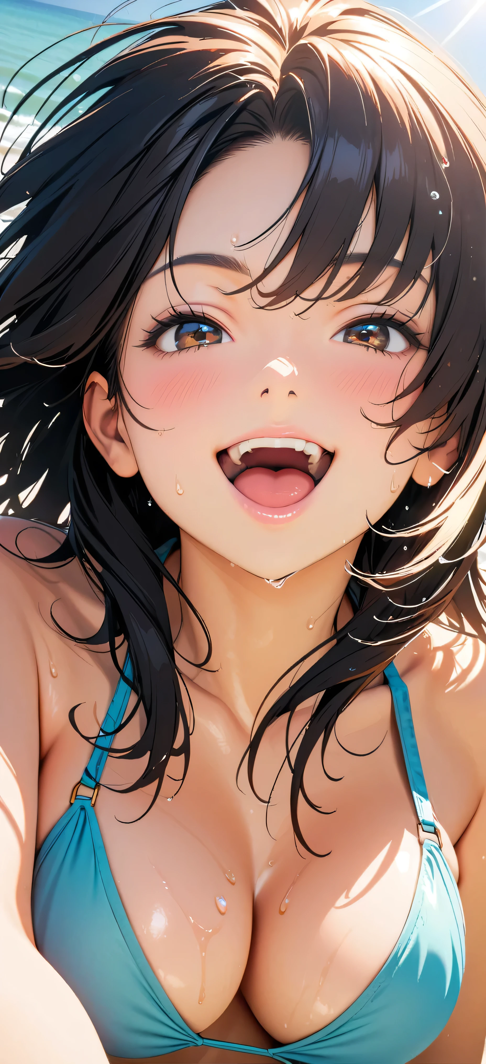 (Highest quality:1.2, Very detailed, Latest, Vibrant, masterpiece:1.2, Highest quality, Best aesthetics), smile, ((Bust Shot:1.4)), 1980s style, 8K Ultra HD, Background Blur, smile, One Woman, Woman in bikini, Strong sunlight, Seaside, sunny, Summer sunshine, Wet Skin, Sandy Beach, Dynamic Angle, Get excited,  Low - Angle, Open your mouth